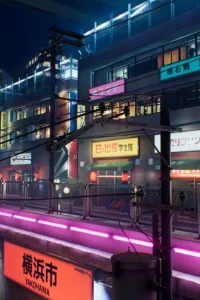 Cyberpunk city environment – A futuristic Tokyo-like city with neon lights, towering skyscrapers, and a vibrant urban atmosphere
